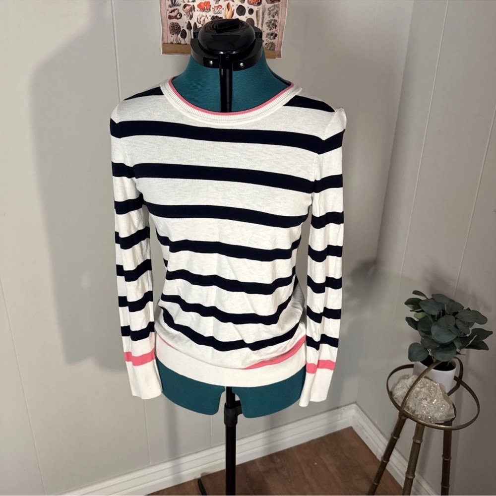 LOFT Navy and White Striped Hoodie with Pink Trim